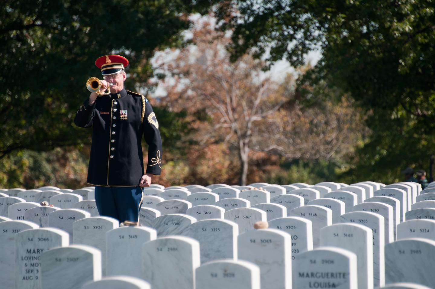 A bugler from the U.S. Army Band, "Pershing's Own", plays Taps during military funeral honors for a U.S. Air Force veteran in Arlington National Cemetery, Arlington, Virginia. ⠀
⠀
Of all the military bugle calls, none is so easily recognized or more apt to render emotion than the call Taps. The melody is both eloquent and haunting.⠀
⠀
Per ANC historians, "Taps has been used by the U.S. armed forces since the civil war — at the end of the day, during flag ceremonies and at military funerals. Whenever a service member is buried with military honors anywhere in the United States, the ceremony concludes with the three-rifle volley and the sounding of Taps on a trumpet or bugle. ⠀
⠀
Melancholy yet serene, the call lingers in memory."