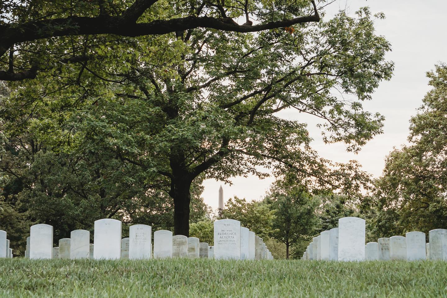 The Washington Monument, pinkish gold in the morning sunlight can be seen here rising above Section 43 in Arlington National Cemetery.