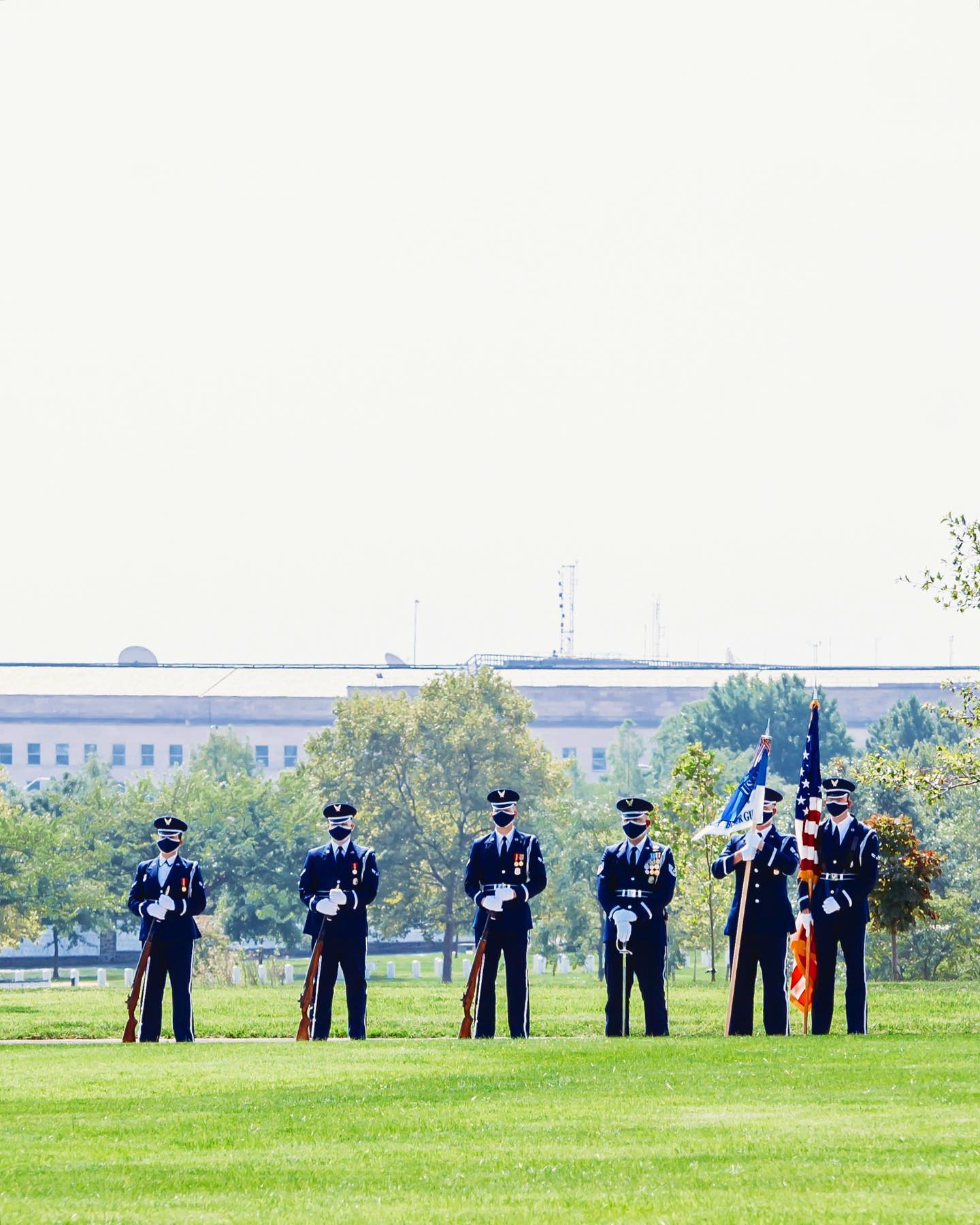 A U.S. Air Force Colorguard stands at parade rest in preparation for a full honors military funeral in front of the Pentagon on August 28th, 2020.

These airmen are part of the color team with The U.S. Air Force Honor Guard stationed at Fort Myer, Virginia.
