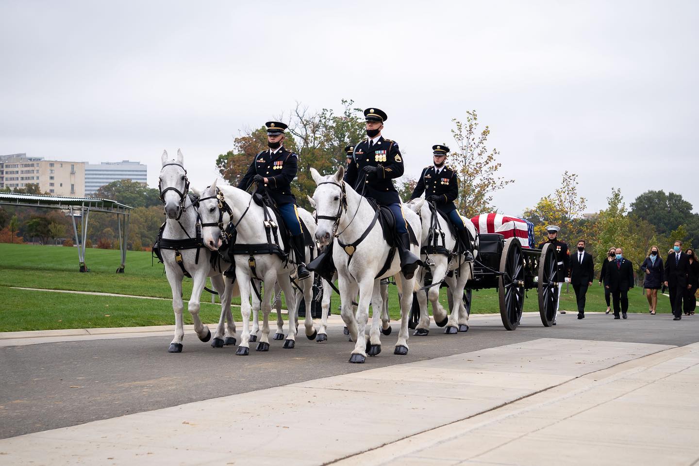 The US Army Caisson Team leads a full honors Marine Corps service through the Millennium Section in Arlington National Cemetery. 

Many notable Marines are buried on these hallowed grounds. Among them include Medal of Honor recipient John Basilone.

During World War II, John Basilone was awarded the Medal of Honor for extraordinary heroism in combat at Guadalcanal, Solomon Islands, in October 1942. 

According to his Medal of Honor citation, he "at great risk of his life and in the face of continued enemy attack, battled his way through hostile lines with urgently needed shells for his gunners, thereby contributing in large measure to the virtual annihilation of a Japanese regiment." Basilone returned home to a hero's welcome, including a parade featured in "Life" magazine. But he requested to return to combat, stating that he was just "a plain soldier" who belonged with his unit. On February 19, 1945, Basilone was killed in action leading an assault off the beaches of Iwo Jima. 

He was posthumously awarded the Navy Cross, the only enlisted Marine to be honored with both the Navy Cross and the Medal of Honor. 

He is buried in Section 12, Grave 384 at @arlingtonnatl