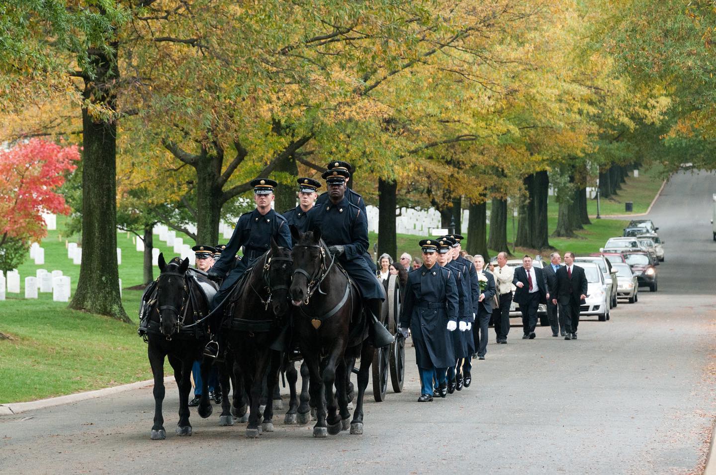 Horse-drawn caissons with large custom wooden wheels are kept in service to transport the casket. Traditionally, they were used to move artillery ammunition and cannons. The caisson is pulled by a team of specially bred and selected horses purchased or donated to the platoon. The Army’s caisson platoon provides support for military funerals for every branch of service.

The soldiers who handle the horses that pull the caisson are trained infantrymen. The Army teaches them to be expert horsemen and undergo training on a special riding style used only by the Army. The horses have to be trained to endure the sound of rifle fire, flags and crowds of people.

If you witness a funeral at Arlington, you may notice a horse without a rider among the team. This special horse is led behind the caisson and casket, wearing an empty saddle with the rider’s boots reversed in the stirrups — a symbol that the warrior will never ride again.