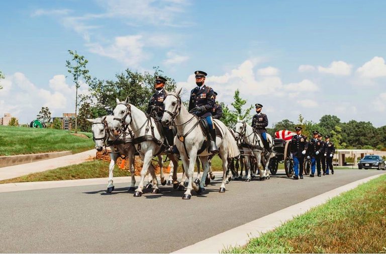A caisson team from The Old Guard pulls a flag draped casket through