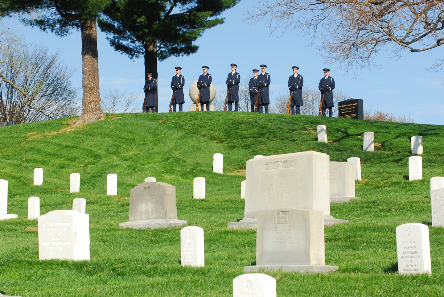 A US Air Force firing party formation can be seen atop the crest of a hill in Arlington National Cemetery.

This moment was captured as part of our service coverage on a mission in Arlington National Cemetery by the @arlingtonmedia team.