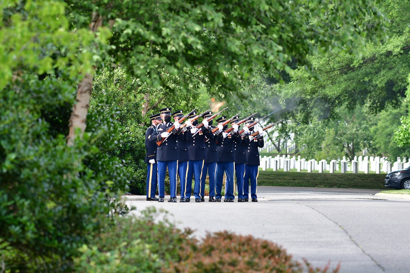 A US Army Firing Party firing three volleys at Arlington National Cemetery as captured by the @arlingtonmedia team. 

A three round volley is the honor bestowed upon anyone that has served honorably in the US Armed Forces and is buried in the cemetery here at Arlington.  This differs slightly from a 21 gun salute, but when conducted by a party of 7 riflemen, it does equal 21 rounds fired. 

These rounds are later collected and given to family members in honor of their loved ones.