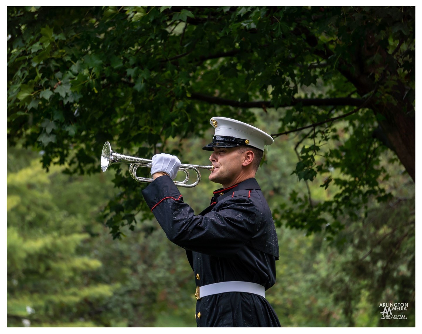 A US Marine bugler plays taps in a rainstorm last week as captured by the @arlingtonmedia team.

In the late 1800s, the Army formally adopted the tune for use at military funerals and memorial services. Today, the 24 mournful notes comprising “Taps” are played to commemorate the memory of members of all five branches of the armed forces: the Army, the Navy, the Marine Corps, the Air Force, and the Coast Guard.