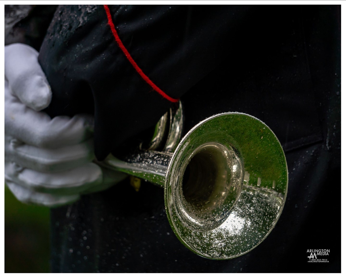 Raindrops on a bugle in Arlington National Cemetery as captured during a rainstorm by our @arlingtonmedia team.

The bugle is one of the simplest brass instruments, having no valves or other pitch-altering devices. All pitch control is done by varying the player's embouchure. Consequently, the bugle is limited to notes within the harmonic series. The bugle is used mainly in the military and Boy Scouts, where the bugle call is used to indicate the daily routines of camp.

Historically the bugle was used in the cavalry to relay instructions from officers to soldiers during battle. They were used to assemble the leaders and to give marching orders to the camps.  The Rifles, an infantry regiment in the British Army, has retained the bugle for ceremonial and symbolic purposes. The bugle has also been used as a sign of peace in the case of a surrender.
