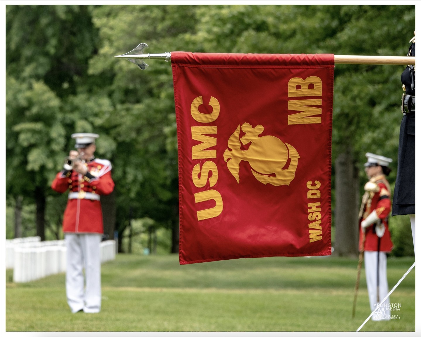 A US Marine band bugler plays taps during a service in Arlington National Cemetery as captured by the @arlingtonmedia team.

During services at Arlington, one can expect our full professional photography and/or videography team to capture your service with multiple cameras, angles, and hidden microphones for full coverage of bugler, firing party, escort platoon, chaplain, and more.

We have been capturing these moments for years, have personal connections to the branches we honor, and try our utmost to capture services the way we would want them to be remembered if it were for our family and generations to come.  We hope each and every family sees this care and attention detail as an extension of our reverence and condolences.