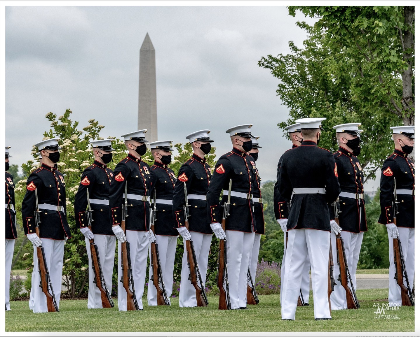 US Marines from @marinebarrackswashington march on during a service near McClellan Circle in Arlington National Cemetery. 

This area of the cemetery has wonderful views of the Washington Monument, Air Force Memorial, Arlington House, and at certain times of day, even the National Cathedral casts its majestic gaze on these hallowed grounds.