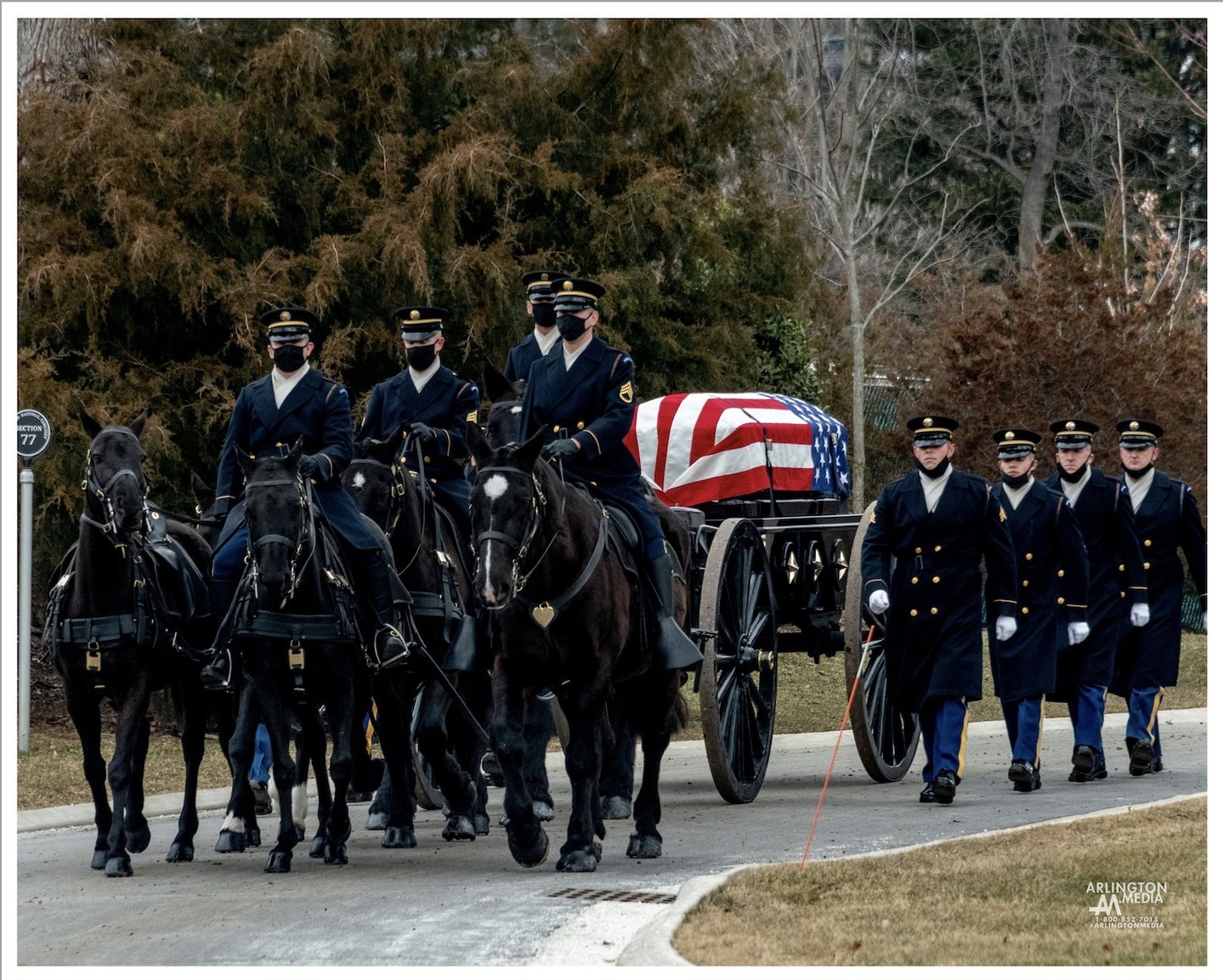 A US Army caisson team carries the remains of an honored veteran through the hallowed grounds of Arlington National Cemetery during a full honors funeral service  as captured by the @arlingtonmedia team.