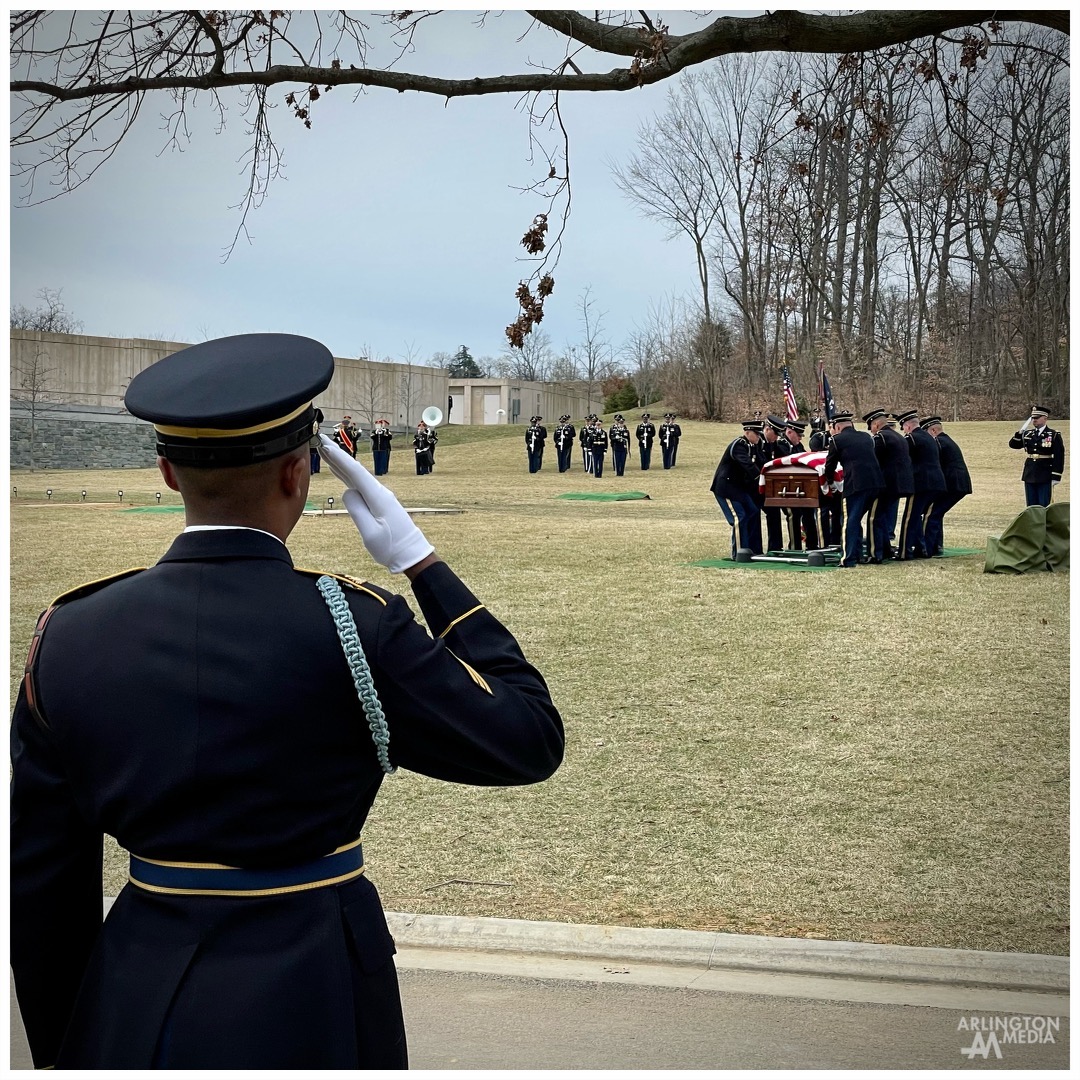 Bravo Company carries a flag-draped casket of an honored veteran to their final resting place in Arlington National Cemetery. 

Burial flags used for military honors at Arlington National Cemetery measure 5' x 9 ½'. Most funeral homes will obtain the U.S. flag on behalf of the veteran's family. Requests for a burial flag must be made at the time of need (time of death). When seen throughout Arlington National Cemetery these flag-draped caskets represent the burial of a service member with honors.

This image was captured by our team at @arlingtonmedia.
