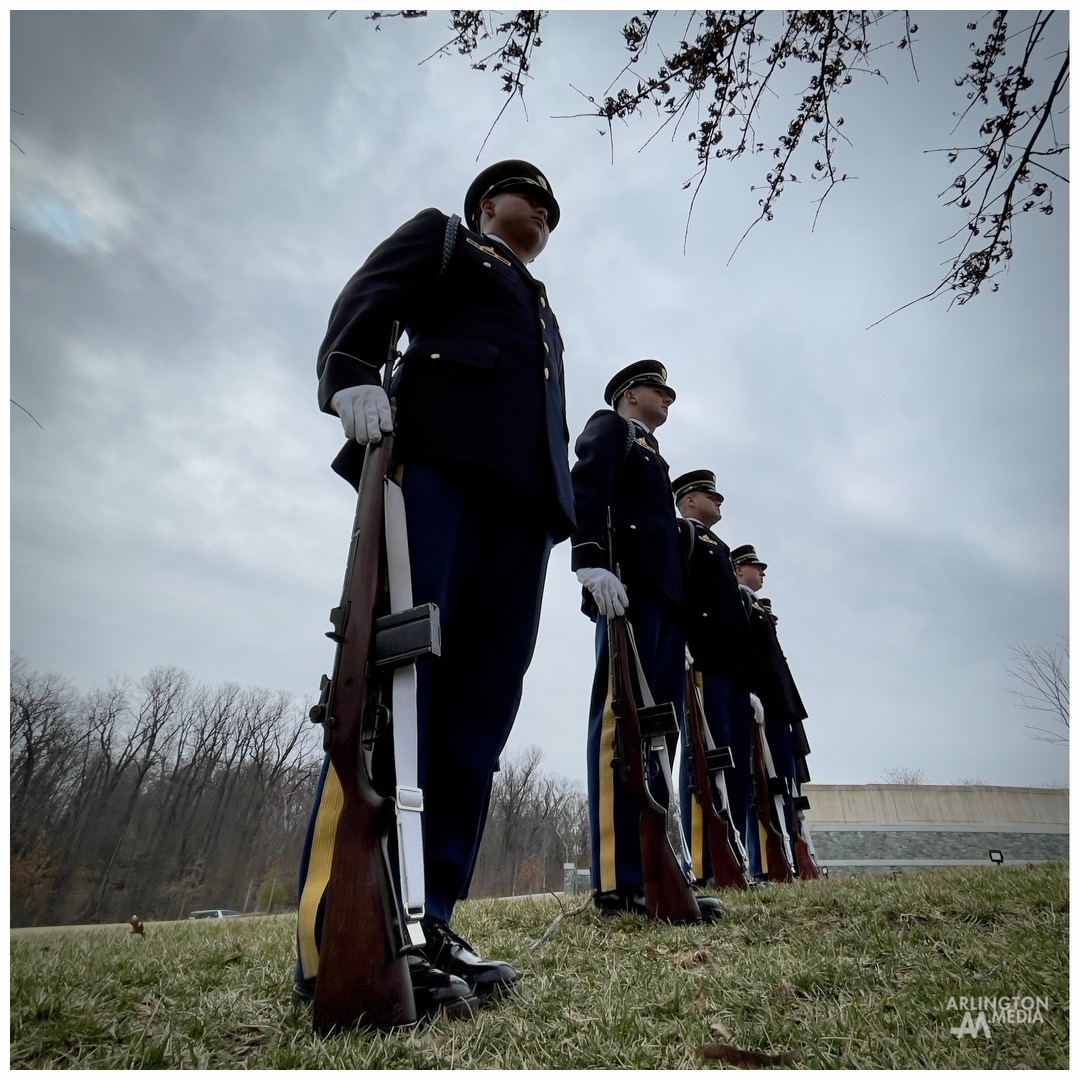 Members of the Bravo Company Firing Platoon stand at attention during a service in Arlington National Cemetery.

Captured by @arlingtonmedia in Arlington National Cemetery in Arlington, Virginia.